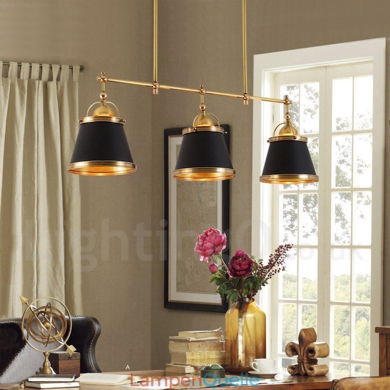3-flammige Retro-Pendelleuchte im rustikalen Stil aus Messing mit Messingschirm