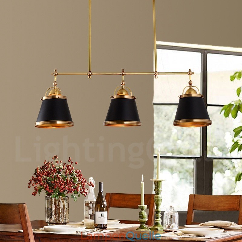 3-flammige Retro-Pendelleuchte im rustikalen Stil aus Messing mit Messingschirm