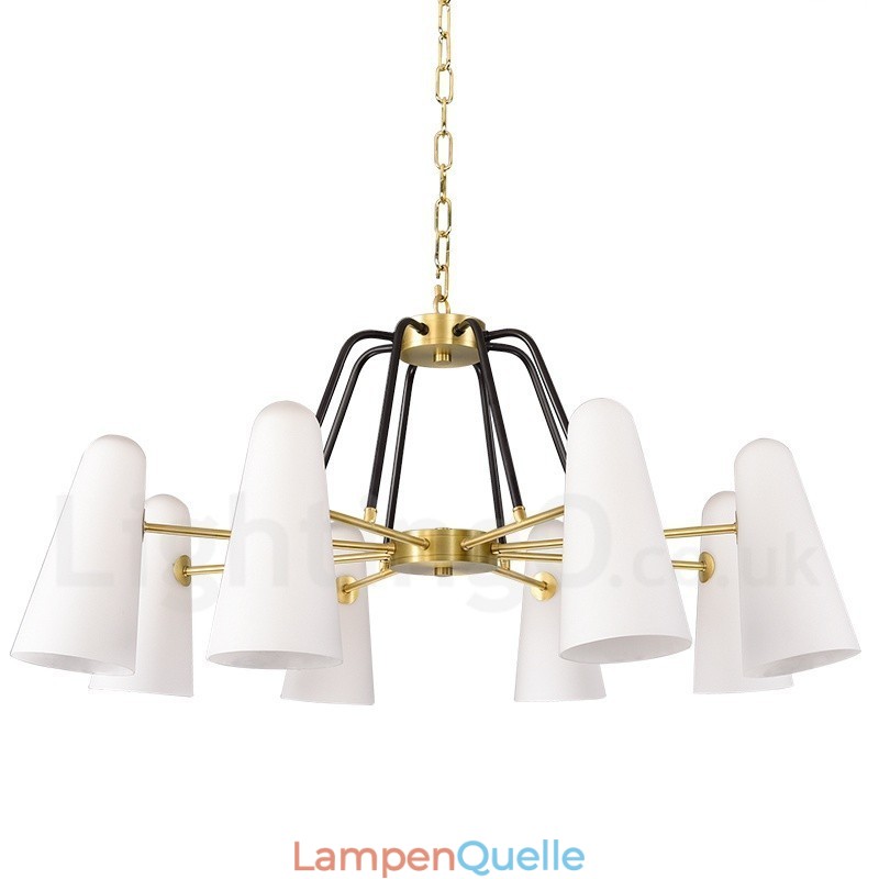 8-flammige Retro-Pendelleuchte aus rustikalem Messing mit Glasschirm