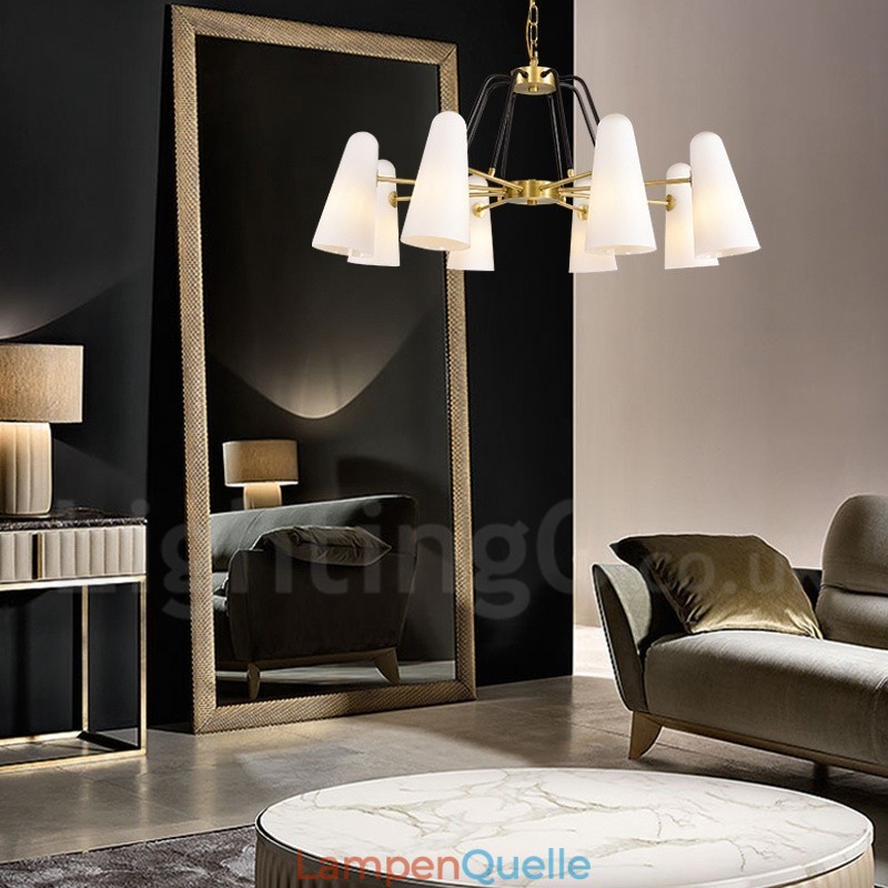 8-flammige Retro-Pendelleuchte aus rustikalem Messing mit Glasschirm