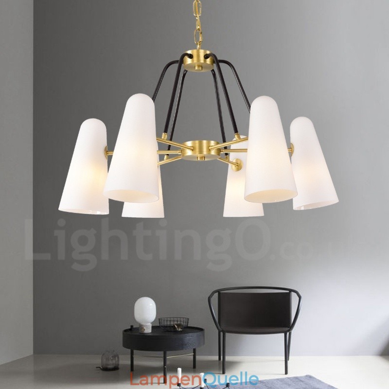 6-flammige Retro-Pendelleuchte aus rustikalem Messing mit Glasschirm