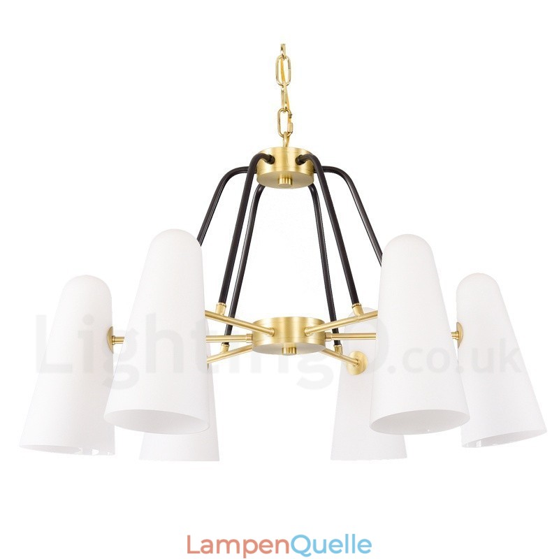 6-flammige Retro-Pendelleuchte aus rustikalem Messing mit Glasschirm