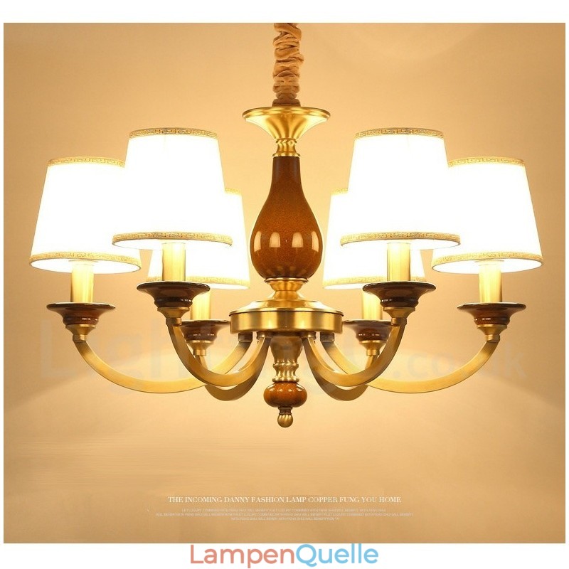 6-flammige Retro-Pendelleuchte aus rustikalem Messing mit Glasschirm