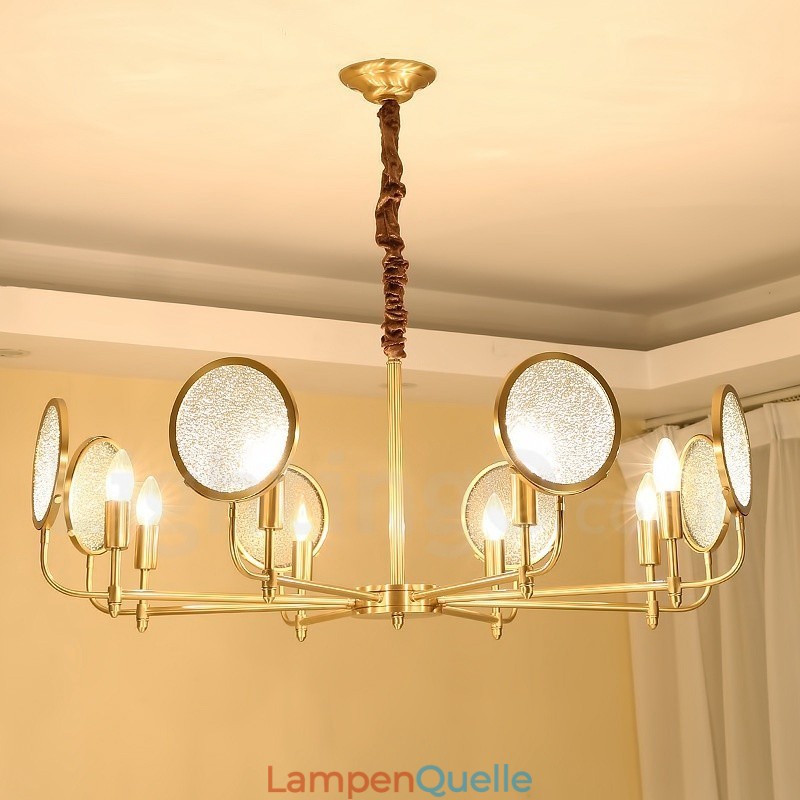 8-flammige Retro-Pendelleuchte aus rustikalem Messing mit Glasschirm