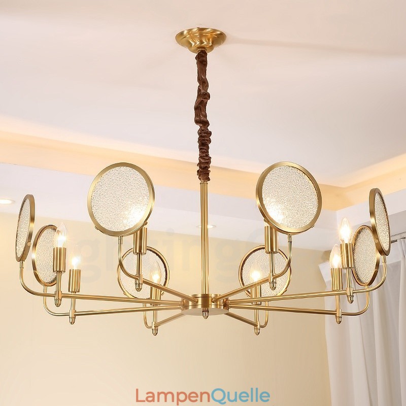 8-flammige Retro-Pendelleuchte aus rustikalem Messing mit Glasschirm