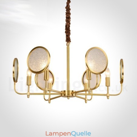6-flammige Retro-Pendelleuchte aus rustikalem Messing mit Glasschirm 6-flammige Retro-Pendelleuchte aus rustikalem Messing mit Glasschirm
