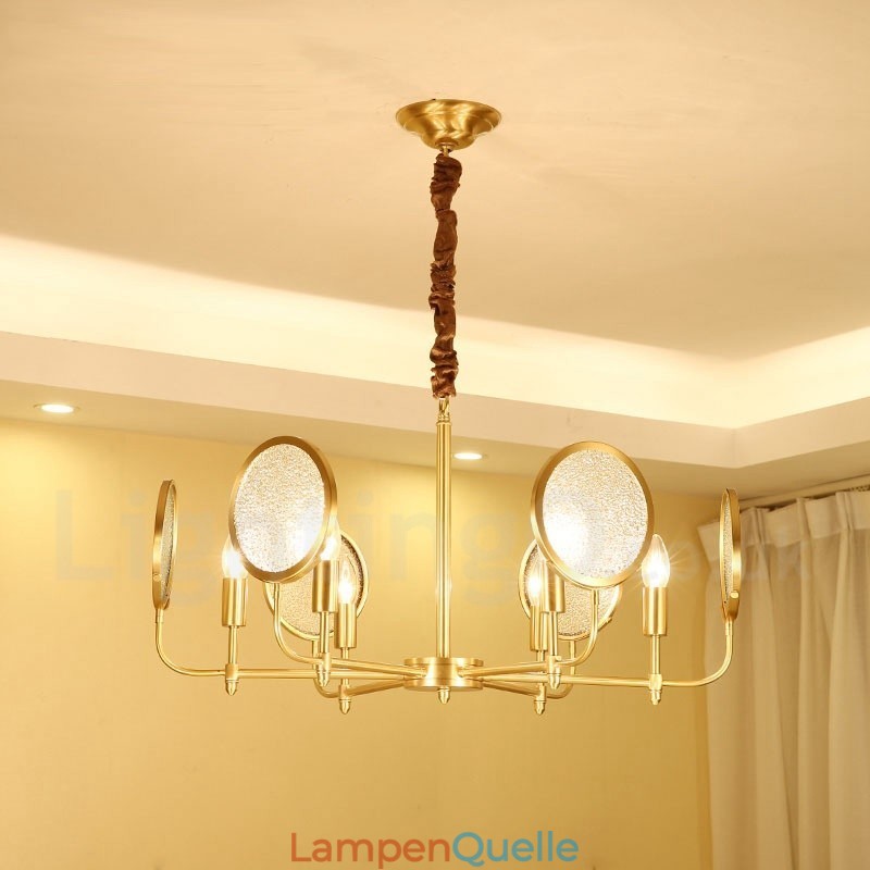 6-flammige Retro-Pendelleuchte aus rustikalem Messing mit Glasschirm