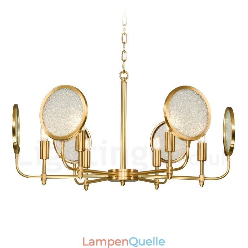 6-flammige Retro-Pendelleuchte aus rustikalem Messing mit Glasschirm
