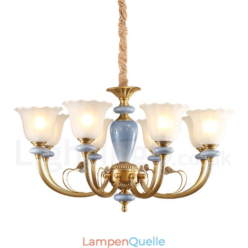 8-flammige Retro-Pendelleuchte aus rustikalem Messing mit Glasschirm