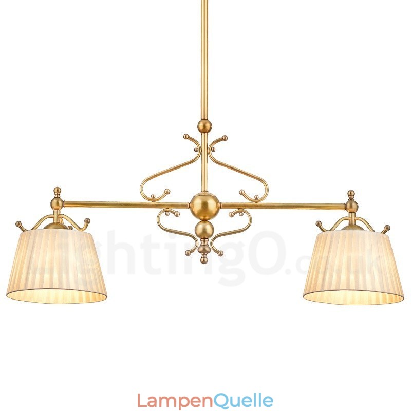 2-flammige Retro-Pendelleuchte aus rustikalem Messing mit Stoffschirm