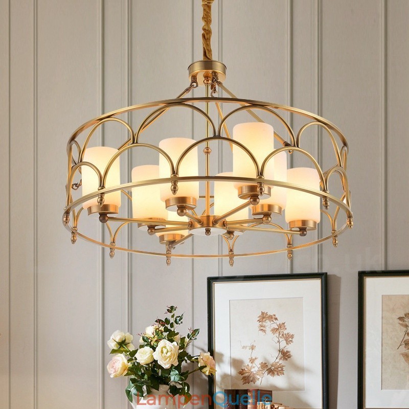 8-flammige Retro-Pendelleuchte aus rustikalem Messing mit Glasschirm