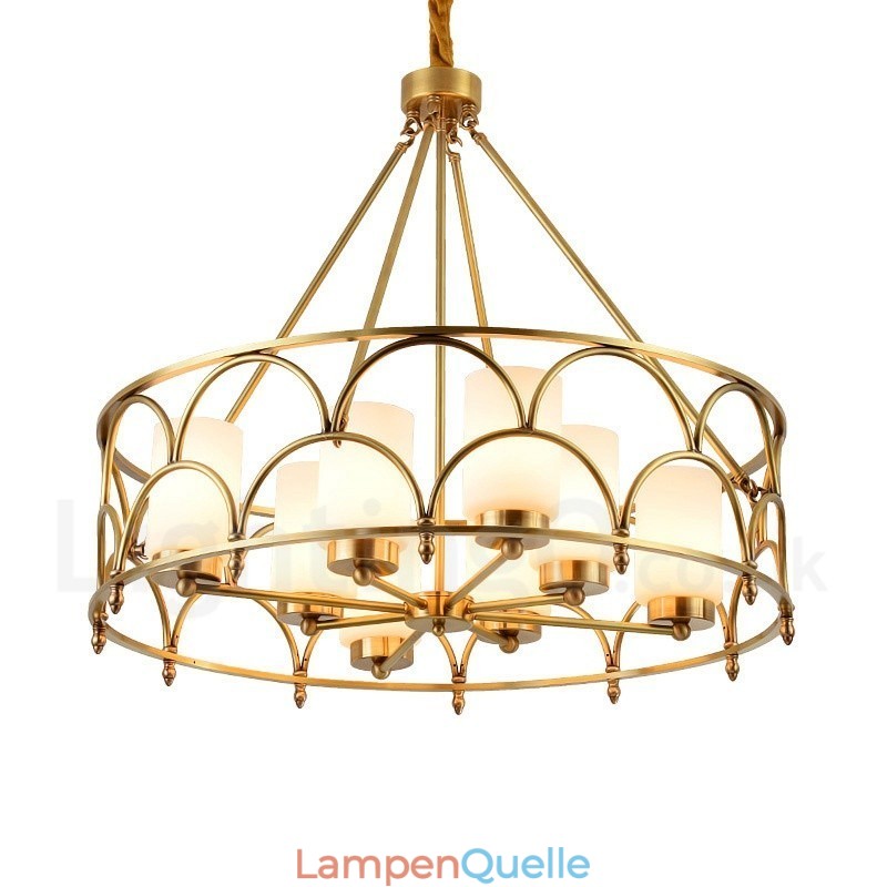 8-flammige Retro-Pendelleuchte aus rustikalem Messing mit Glasschirm