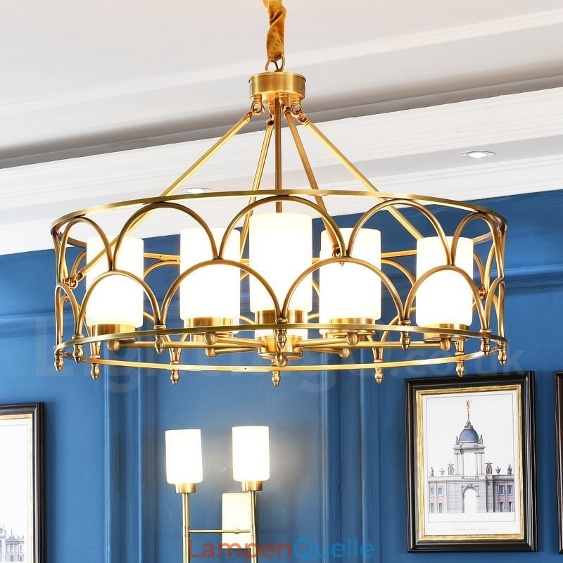 8-flammige Retro-Pendelleuchte aus rustikalem Messing mit Glasschirm