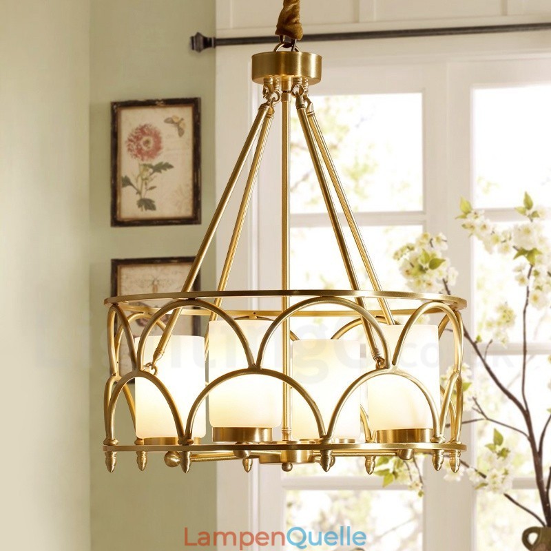 4-flammige Retro-Pendelleuchte aus rustikalem Messing mit Glasschirm