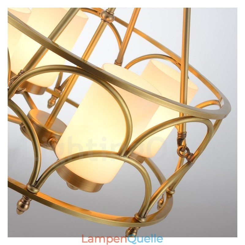 4-flammige Retro-Pendelleuchte aus rustikalem Messing mit Glasschirm