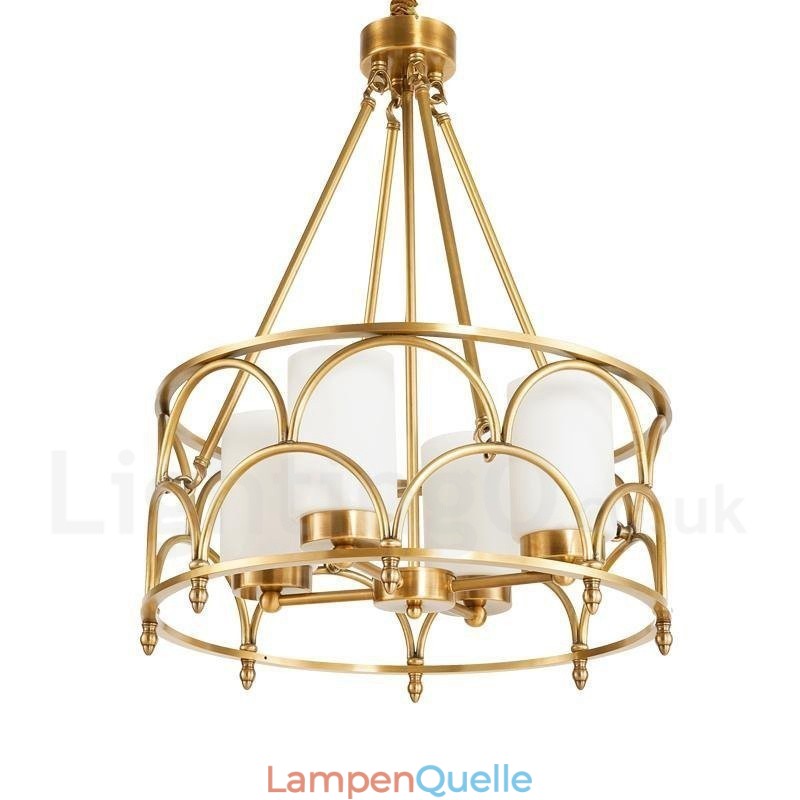 4-flammige Retro-Pendelleuchte aus rustikalem Messing mit Glasschirm