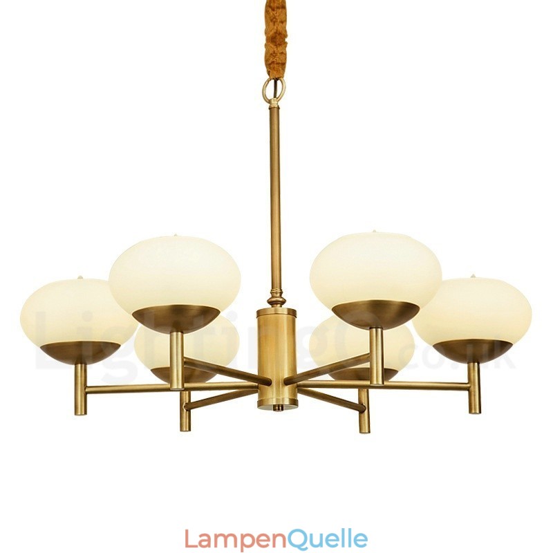 6-flammige Retro-Pendelleuchte aus rustikalem Messing mit Glasschirm