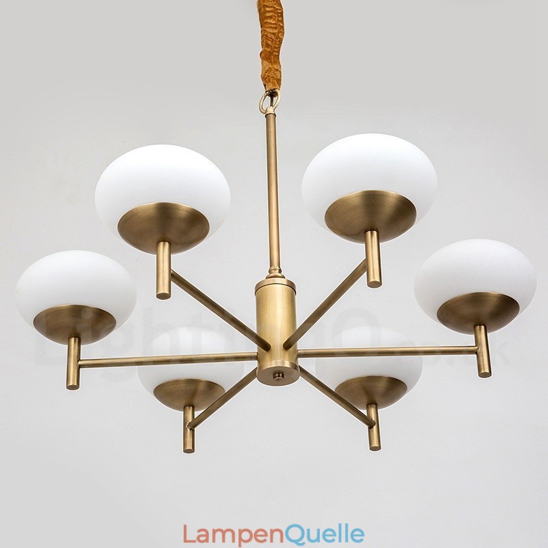 6-flammige Retro-Pendelleuchte aus rustikalem Messing mit Glasschirm