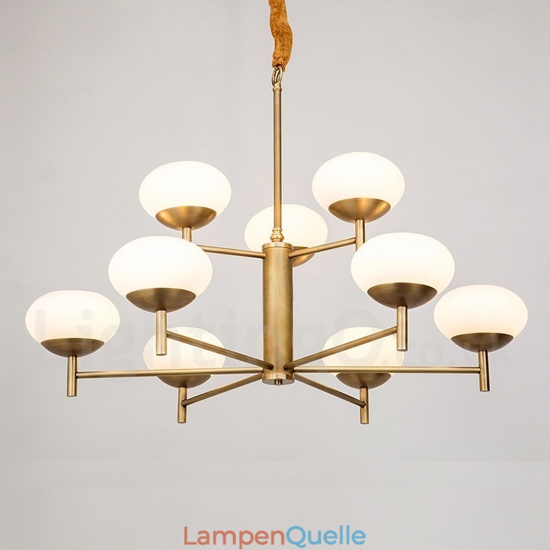 9-flammige Retro-Pendelleuchte aus rustikalem Messing mit Glasschirm