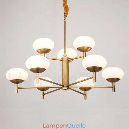 9-flammige Retro-Pendelleuchte aus rustikalem Messing mit Glasschirm 9-flammige Retro-Pendelleuchte aus rustikalem Messing mit Glasschirm