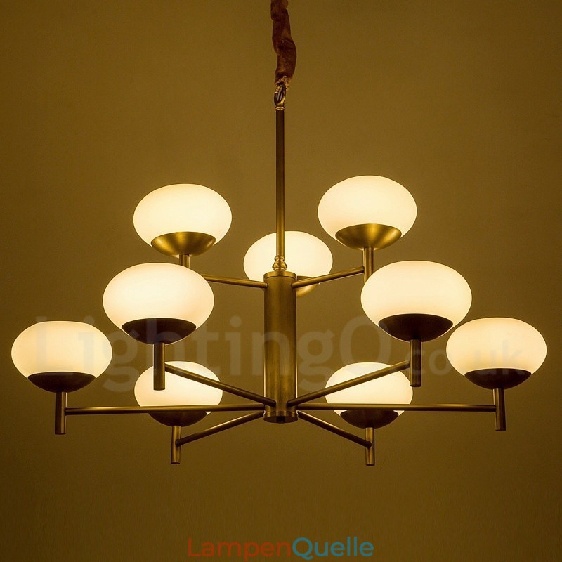9-flammige Retro-Pendelleuchte aus rustikalem Messing mit Glasschirm