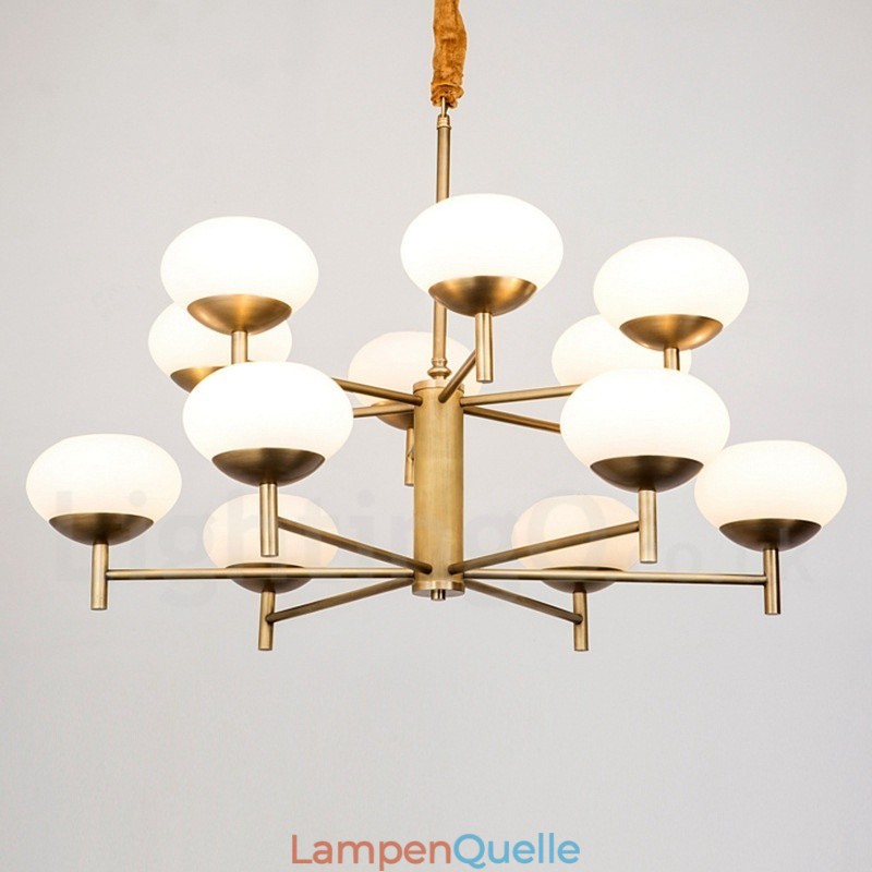 12-flammige Retro-Pendelleuchte aus rustikalem Messing mit Glasschirm