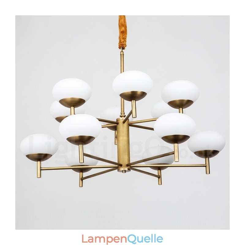 12-flammige Retro-Pendelleuchte aus rustikalem Messing mit Glasschirm