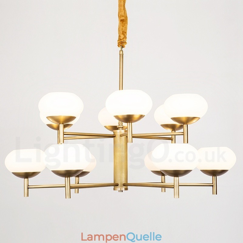 12-flammige Retro-Pendelleuchte aus rustikalem Messing mit Glasschirm