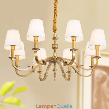 8-flammige Retro-Pendelleuchte aus rustikalem Messing mit Stoffschirm 8-flammige Retro-Pendelleuchte aus rustikalem Messing mit Stoffschirm