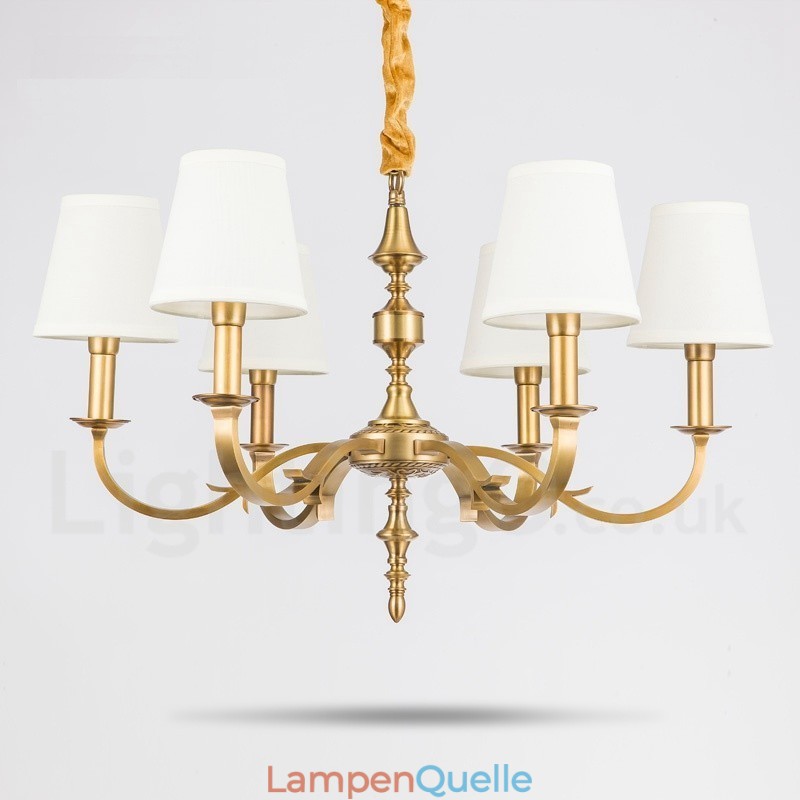 6-flammige Retro-Pendelleuchte aus rustikalem Messing mit Stoffschirm