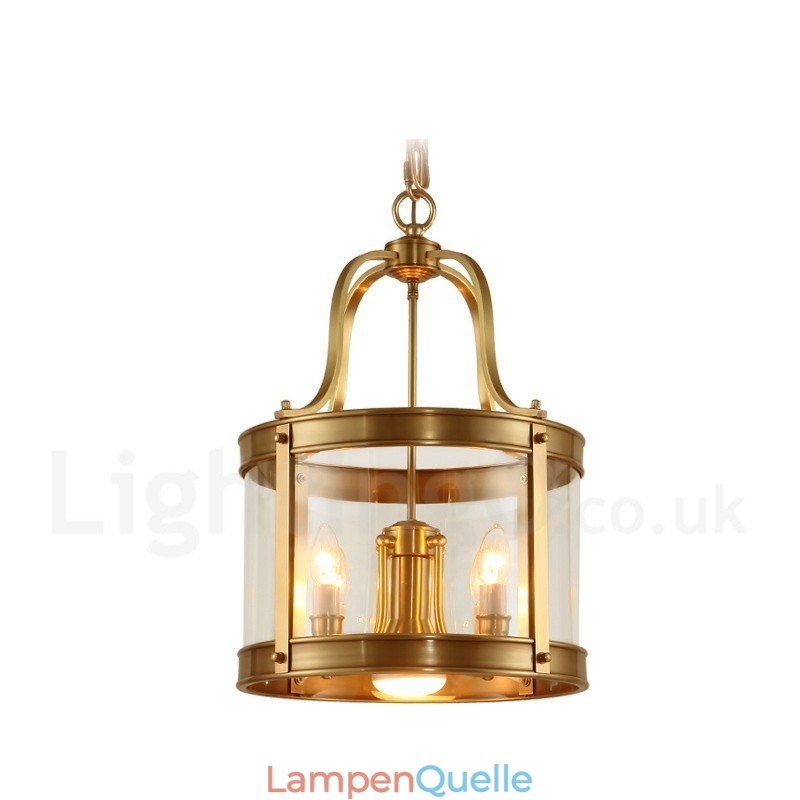 5-flammige Retro-Pendelleuchte aus rustikalem Messing mit Glasschirm