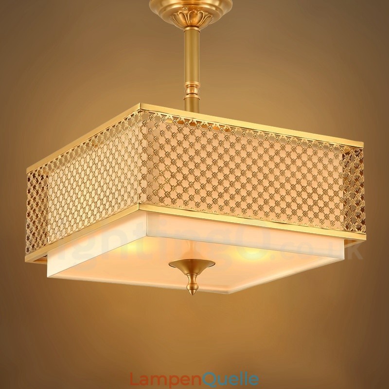 4-flammige Retro-Pendelleuchte aus rustikalem Messing mit Stoffschirm