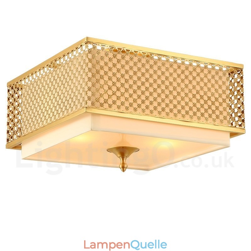 4-flammige Retro-Pendelleuchte aus rustikalem Messing mit Stoffschirm