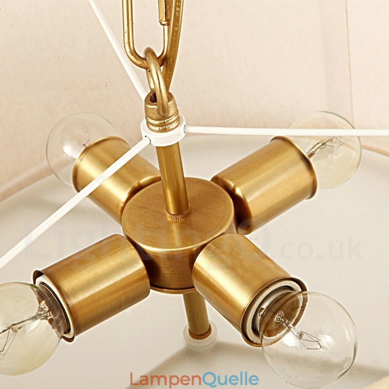4-flammige Retro-Pendelleuchte aus rustikalem Messing mit Stoffschirm