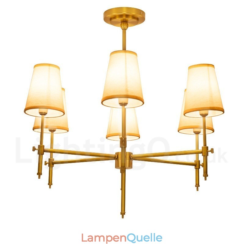 6-flammige Retro-Pendelleuchte aus rustikalem Messing mit Stoffschirm