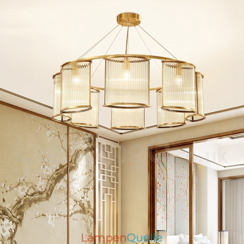 8-flammige Retro-Pendelleuchte aus rustikalem Messing mit Glasschirm