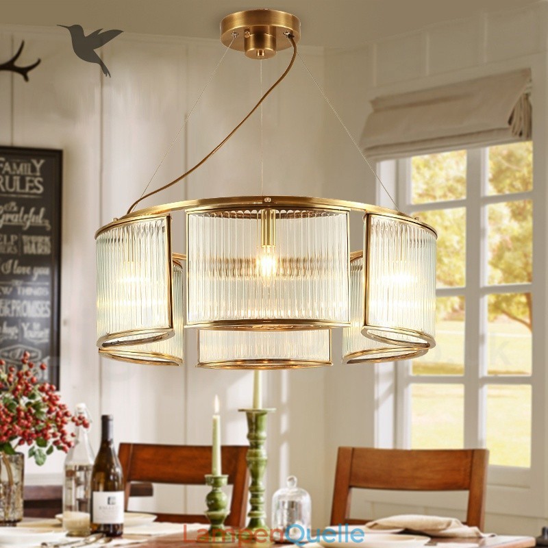 6-flammige Retro-Pendelleuchte aus rustikalem Messing mit Glasschirm