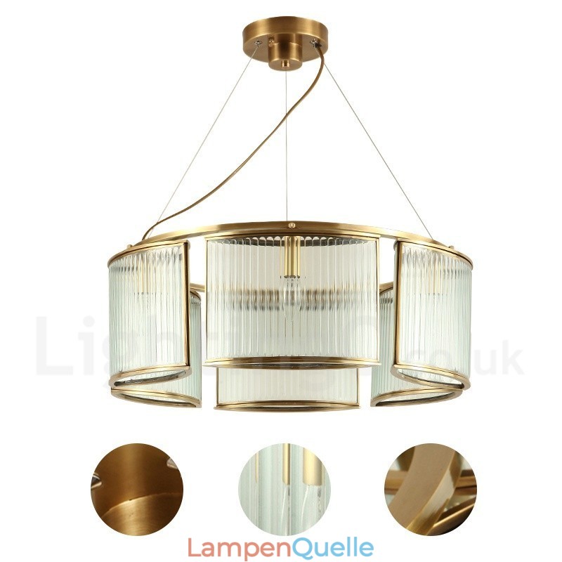 6-flammige Retro-Pendelleuchte aus rustikalem Messing mit Glasschirm