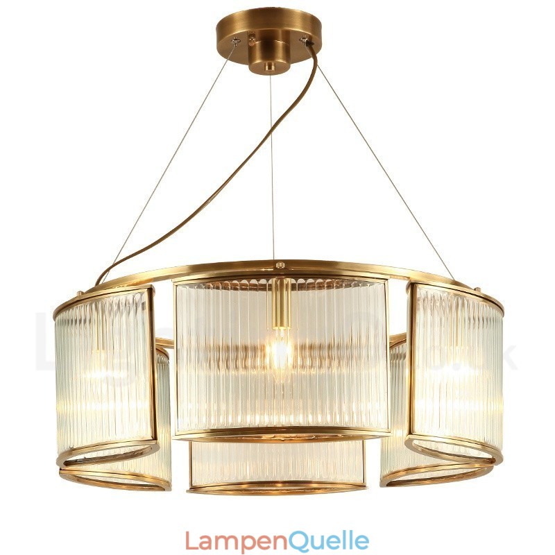 6-flammige Retro-Pendelleuchte aus rustikalem Messing mit Glasschirm