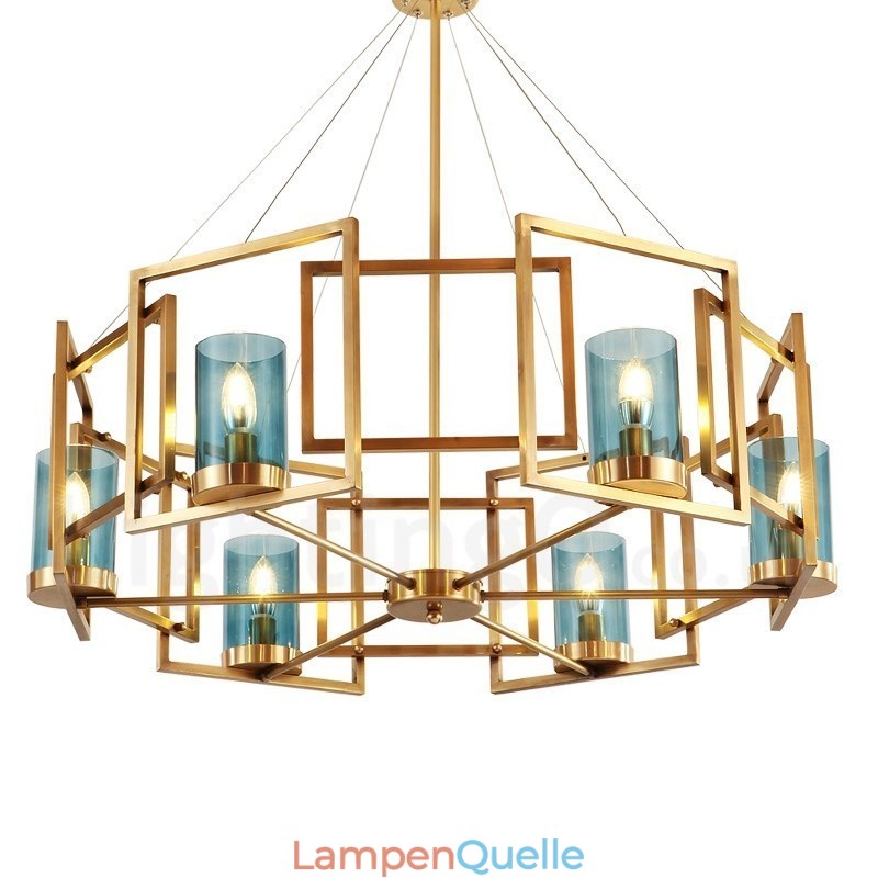 6-flammige Retro-Pendelleuchte aus rustikalem Messing mit Glasschirm