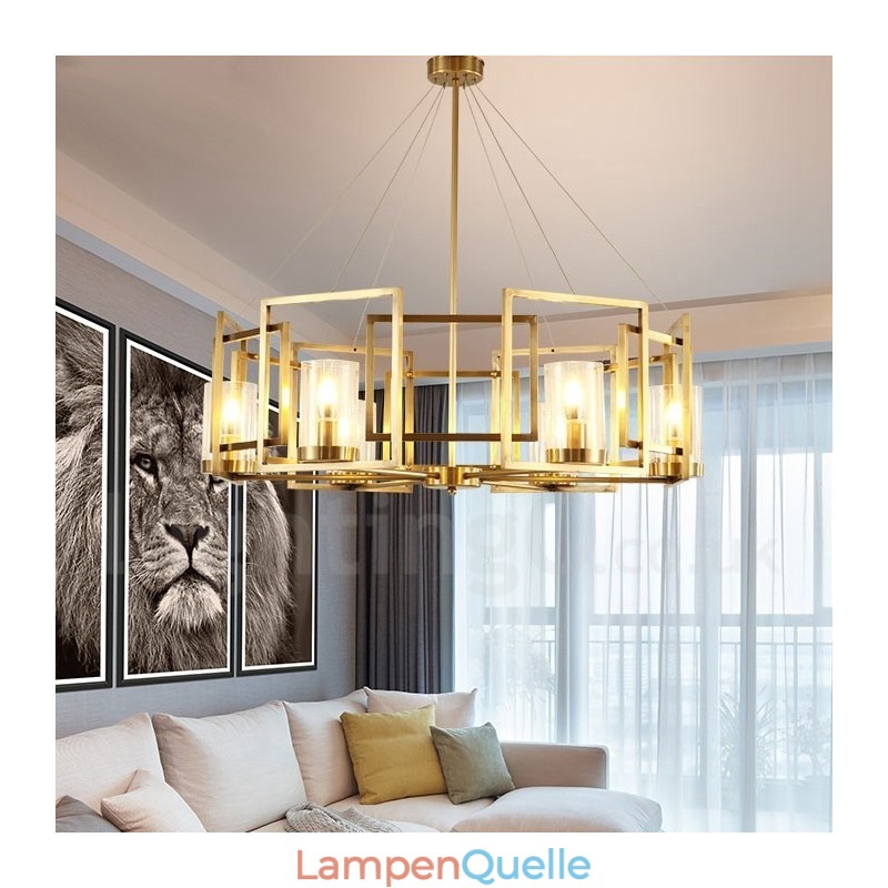6-flammige Retro-Pendelleuchte aus rustikalem Messing mit Glasschirm