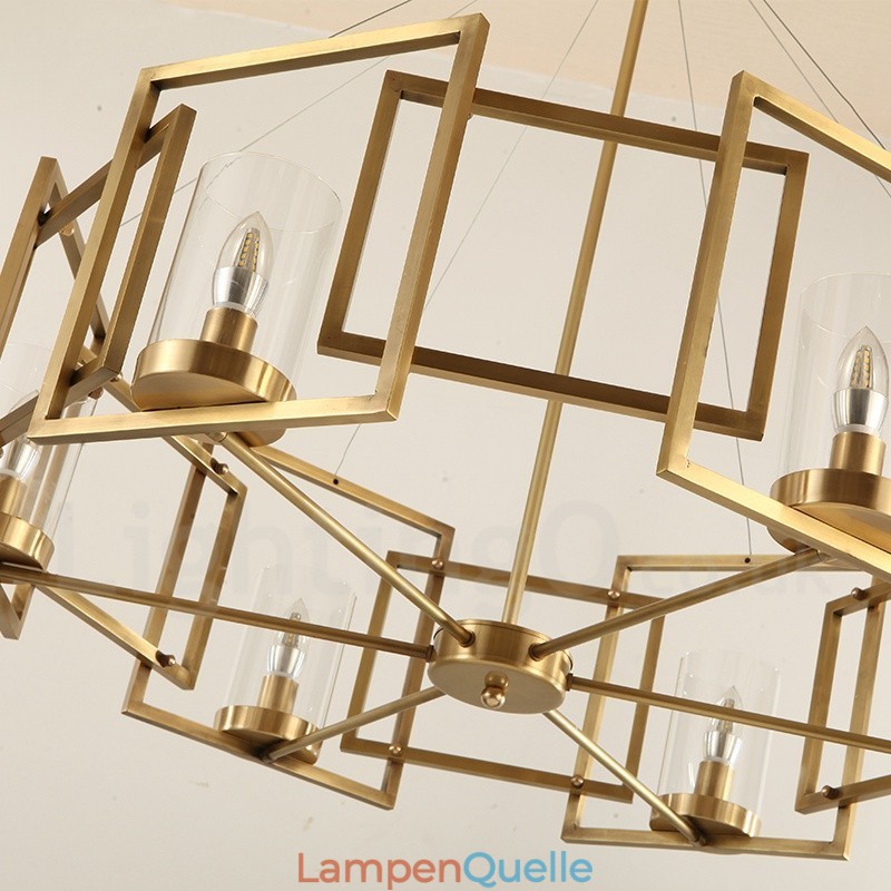 6-flammige Retro-Pendelleuchte aus rustikalem Messing mit Glasschirm