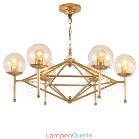 6-flammige Retro-Pendelleuchte aus rustikalem Messing mit Glasschirm 6-flammige Retro-Pendelleuchte aus rustikalem Messing mit Glasschirm