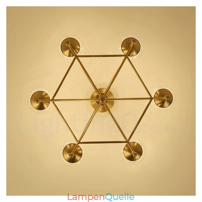 6-flammige Retro-Pendelleuchte aus rustikalem Messing mit Glasschirm