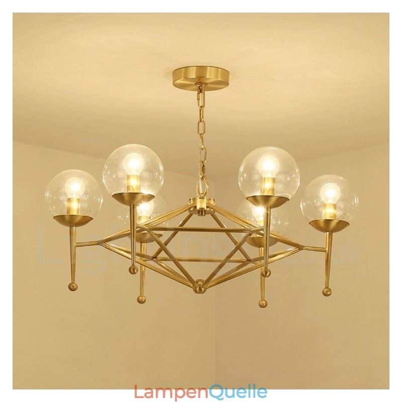 6-flammige Retro-Pendelleuchte aus rustikalem Messing mit Glasschirm