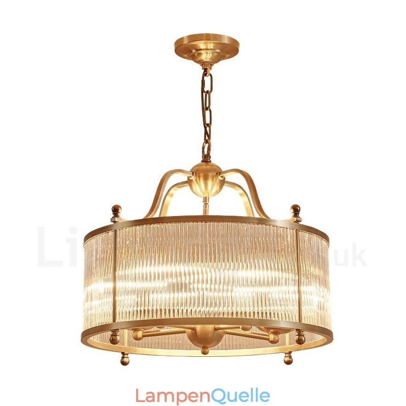 5-flammige Retro-Pendelleuchte aus rustikalem Messing mit Glasschirm