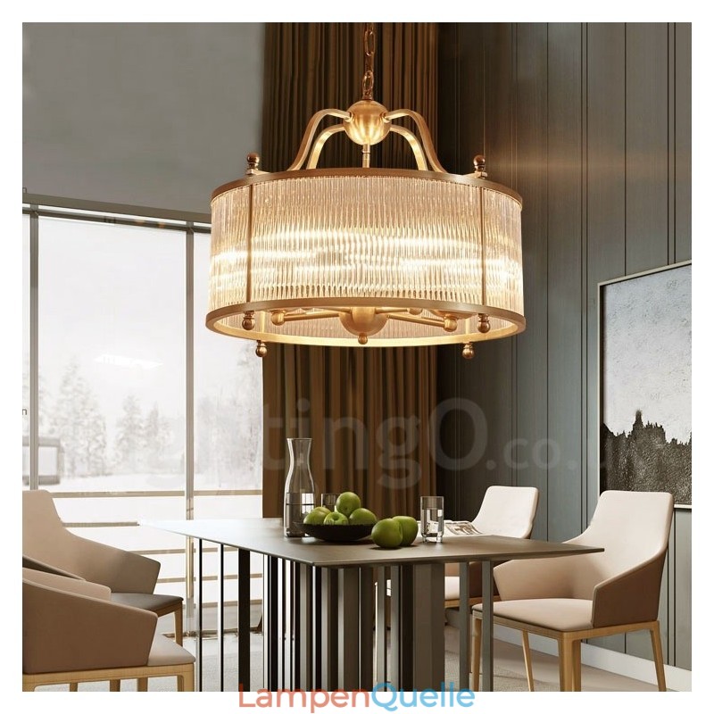 5-flammige Retro-Pendelleuchte aus rustikalem Messing mit Glasschirm