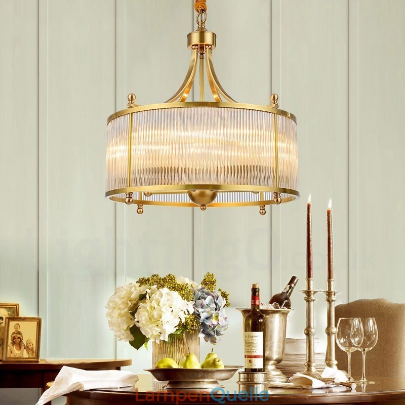 5-flammige Retro-Pendelleuchte aus rustikalem Messing mit Glasschirm