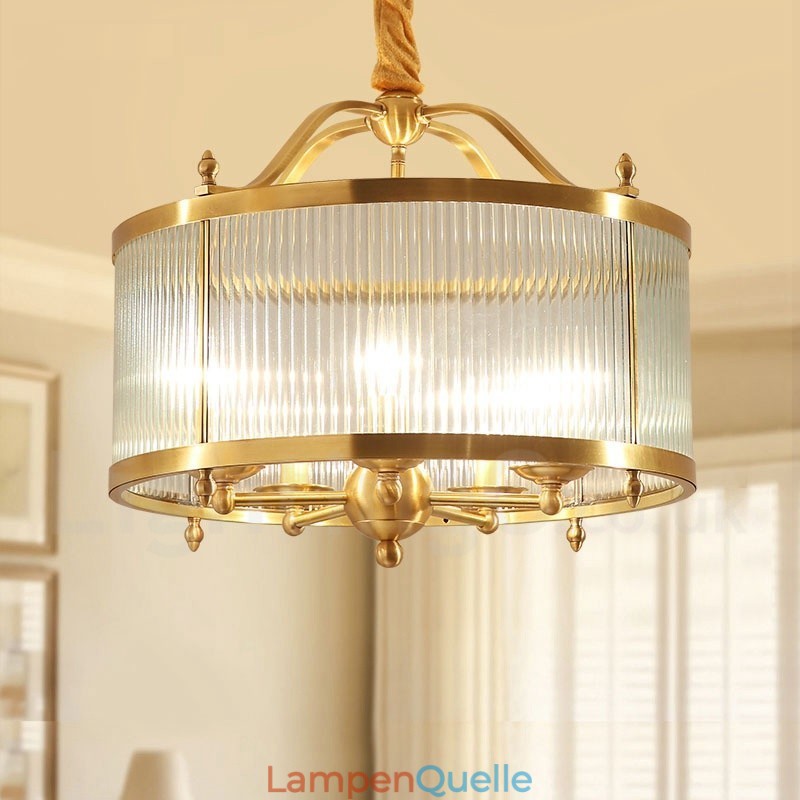 5-flammige Retro-Pendelleuchte aus rustikalem Messing mit Glasschirm