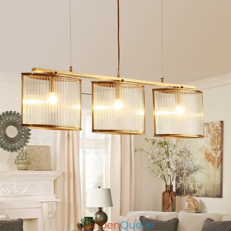 3-flammige Retro-Pendelleuchte aus rustikalem Messing mit Glasschirm